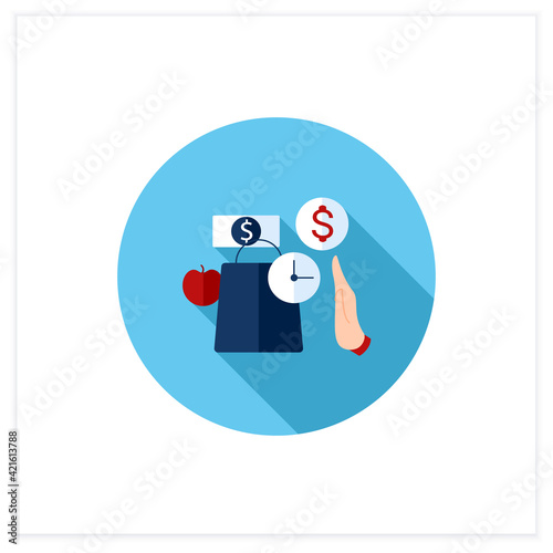Pause flat icon. Pause before purchasing. Hand stops shopping. Waiting before shopping. Thoughtful spending money. Mindful spending concept.Vector illustration