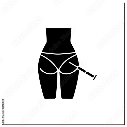 Neurotoxin injection glyph icon. Injection into buttocks.Correction, lifting of buttock.Surgery.Full syringe. Beauty cosmetic procedure concept.Filled flat sign.Isolated silhouette vector illustration