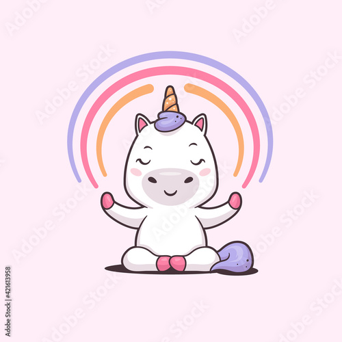 Cute unicorn meditating in lotus yoga pose with colorful rainbow vector kawaii cartoon illustration