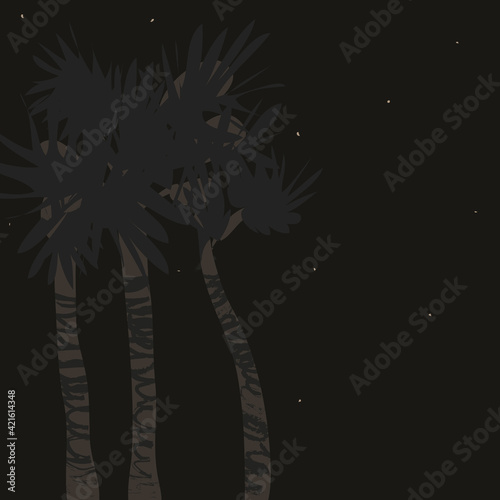 Vector illustration of palm trees against the background of the night starry sky. Flat style.