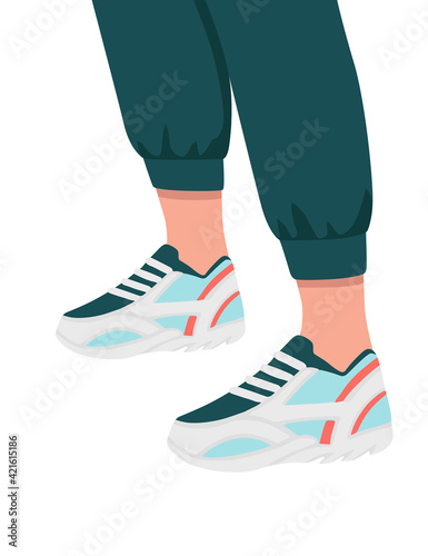 Sneakers dressed on feet shoes colored design sports casual wear vector illustration isolated on white background