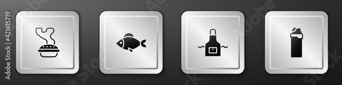 Set Homemade pie, Fish, Kitchen apron and Lighter icon. Silver square button. Vector