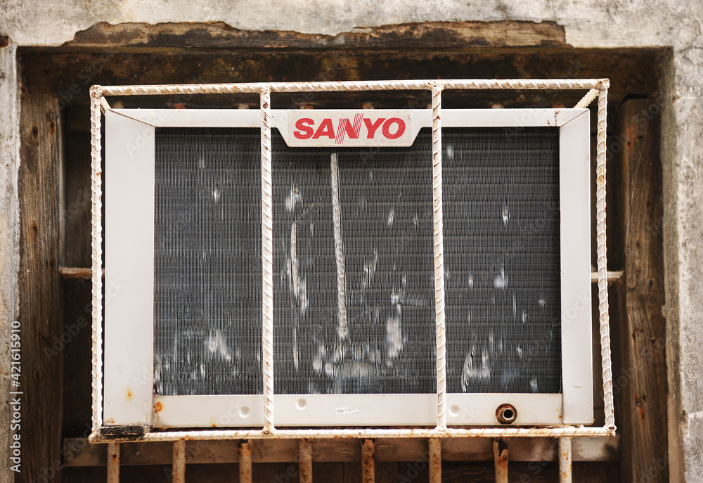 ZANZIBAR TANZANIA, AUGUST 17, 2019SANYO old air conditioner is
