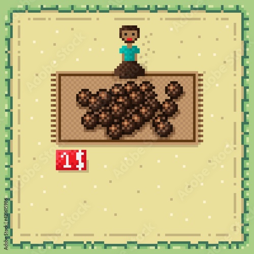 A merchant selling coconuts pixel art. Coconuts pixel art.