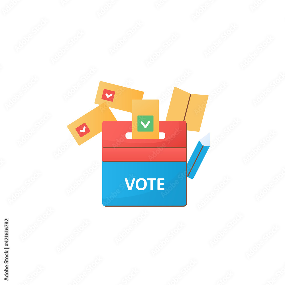 Vote box flat icon. Voting form with check mark in ballot box. Choice, vote concept. Democracy. Parliamentary or presidential elections. 3d vector illustration Vote box flat icon. Voting form with check mark in ballot box. Choice, vote concept. Democracy. Parliamentary or presidential elections. 3d vector illustration