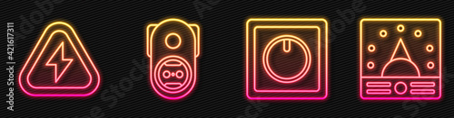 Set line Electric light switch, High voltage, Electrical outlet and Ampere meter, multimeter, voltmeter. Glowing neon icon. Vector