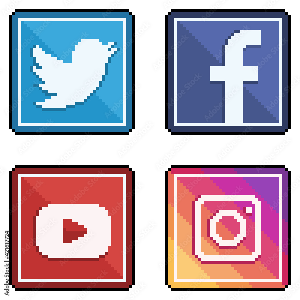 Icons social media and social networks in pixel art Twitter, facebook,  youtube and instagram 8bit style vector de Stock | Adobe Stock