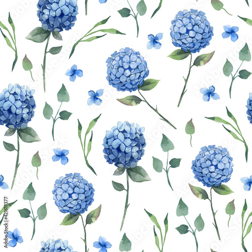 Watercolor seamless pattern. Blue hydrangea with leaves on white background.