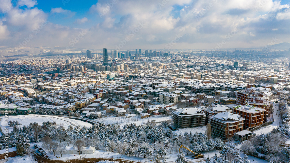 A panoramic photo taken by a drone over Camlica Hill that captures the magnificent scenery of Istanbul, Turkey. The vivid colors of the city during winter time reflects its authenticity