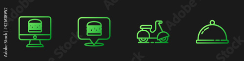 Set line Scooter delivery, Online ordering and, burger and Covered with tray of food. Gradient color icons. Vector