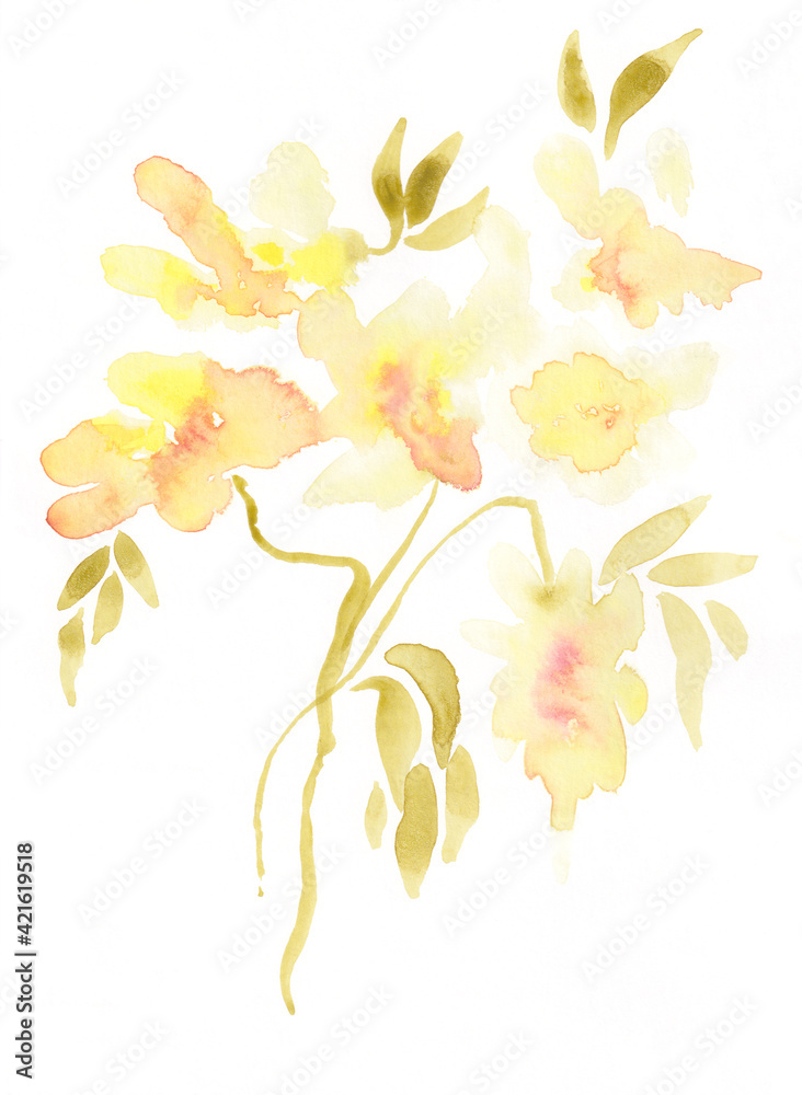 Fototapeta premium Watercolor Yellow Wild Flowers Floral Dreamy Background Texture Hand Painted.