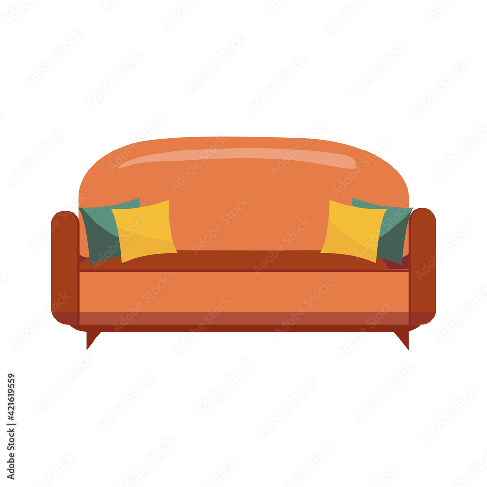 Sofa in certoon style iisolated on white background. Brown couch with pillow for cozy living room. Vector illustration. Perfect as an icon or logo for a furniture store or factory