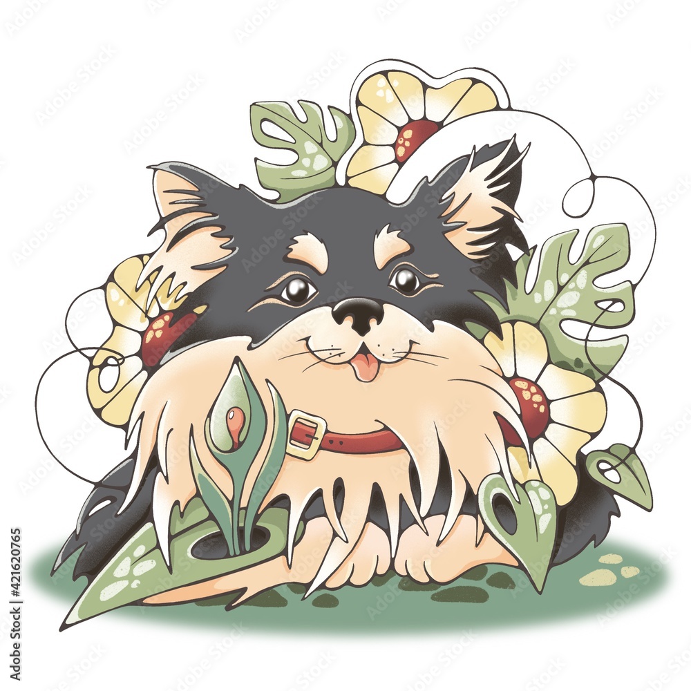 Cartoon little dog lying on grass with flowers. Cute hand drawn