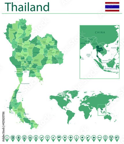 Thailand detailed map and flag. Thailand on world map.