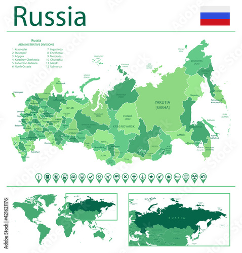 Russia detailed map and flag. Russia on world map.