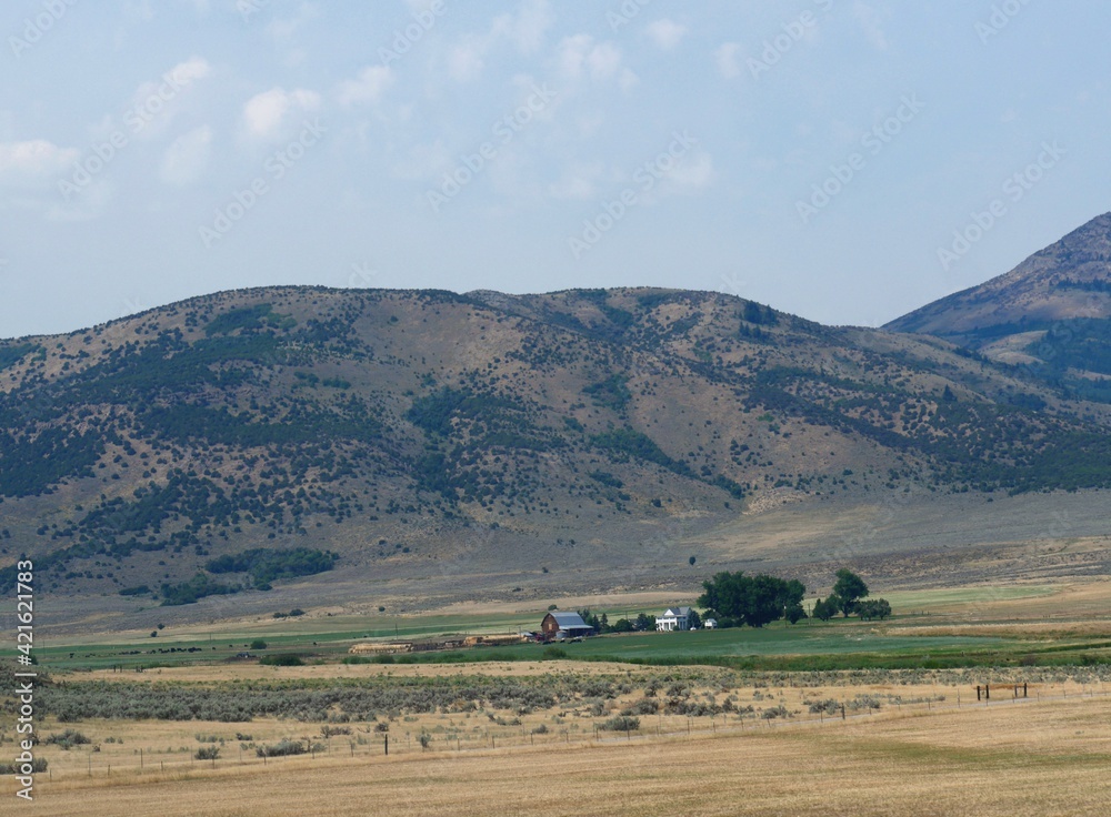Sprawling farmlands at the foot of hills in Idaho, USA.