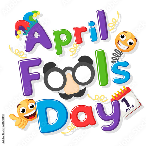 April fools day, text with emoticons and mask