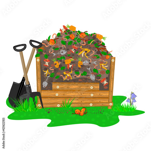 Compost box with with soil, organic material and worms isolated on white background. Wooden bin with ground and food garbage.Organic fertilizer pile.Recycling, zero waste and composting concept.Vector