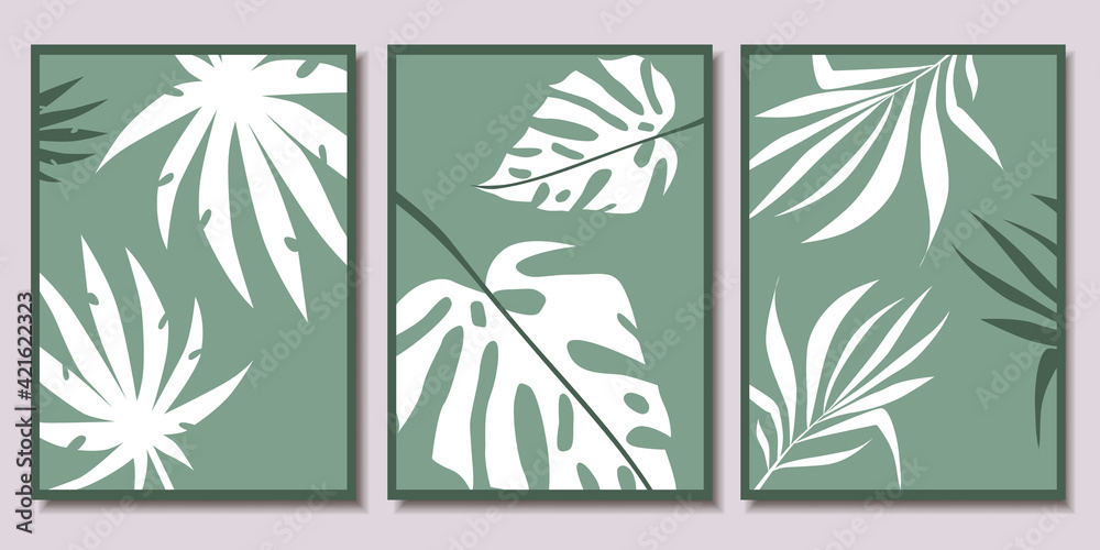 Collection of posters with abstract leaves. Minimalism. Vector illustration.