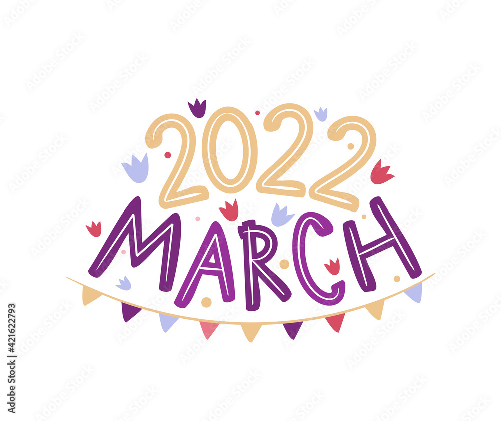 Fototapeta premium March 2022 logo with hand drawn tulips and garland. Months emblem for the design of calendars, seasons postcards, diaries. Doodle Vector illustration isolated on white background.
