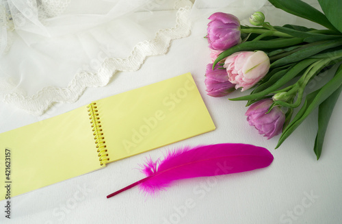 Fototapeta Naklejka Na Ścianę i Meble -  bouquet of delicate pink tulips with a card and feathers on the table