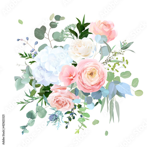 Dusty blue, peachy blush rose, white hydrangea, ranunculus, wedding flowers, greenery