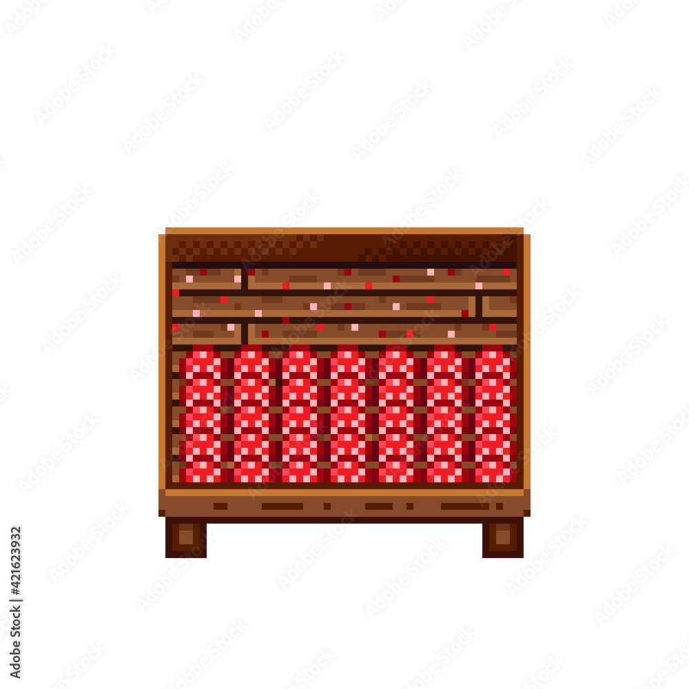 Vegetable shop pixel art. Mushrooms in a wooden crate. Mushrooms, food pixel art icon isolated on white background. Mushroom stall. Showcase with vegetable waste. Vector illustration. Vegetable shop pixel art. Mushrooms in a wooden crate. Mushrooms, food pixel art icon isolated on white background. Mushroom stall. Showcase with vegetable waste. Vector illustration.