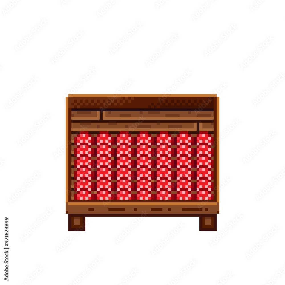 Vegetable shop pixel art. Mushrooms in a wooden crate. Mushrooms, food pixel art icon isolated on white background. Mushroom stall. Showcase with vegetable waste. Vector illustration. Vegetable shop pixel art. Mushrooms in a wooden crate. Mushrooms, food pixel art icon isolated on white background. Mushroom stall. Showcase with vegetable waste. Vector illustration.