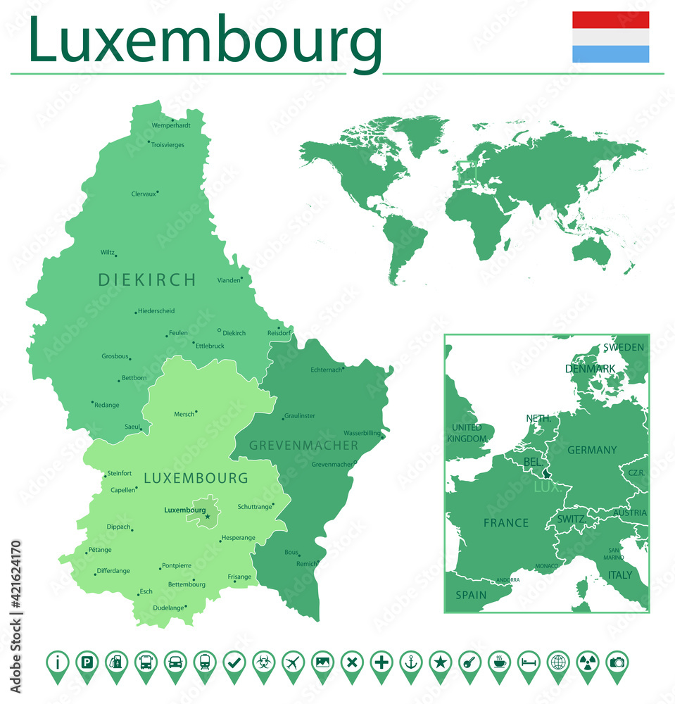 Luxembourg detailed map and flag. Luxembourg on world map.