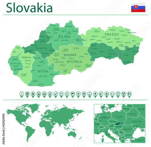 Slovakia detailed map and flag. Slovakia on world map.