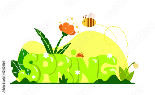 lettering in vector graphics spring with leaves, flowers and bee. For the design of postcards, posters, wallpapers, packaging prints, covers.
