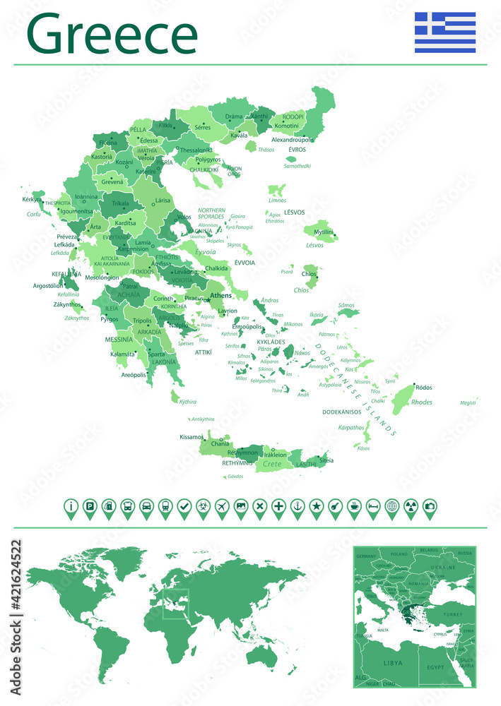Obraz premium Greece detailed map and flag. Greece on world map.