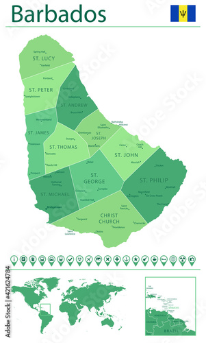 Barbados detailed map and flag. Barbados on world map. photo