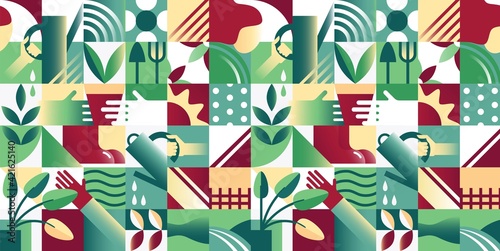 Abstract Seamless Pattern with Geometric Shapes and Gardening elements. Vector illustration. Gardening, nature concept