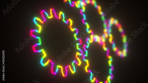 Computer generated neon gears are turning slowly on dark background. 3d rendering of mechanism in motion. Industrial construction.