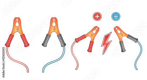 Car battery jumper clamp cable icon set. Power wires with alligator clip for connect to electric accumulator charging and jump start automobile engine. Checking charge level. Repairing tool. Vector