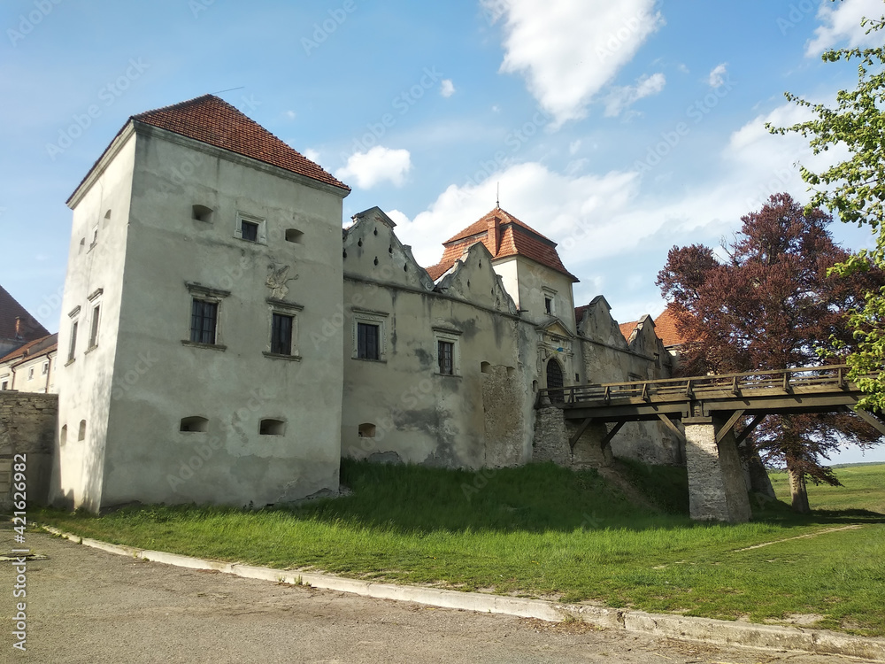  Famous ukranian Architectural landmark. Facade of the medieval castle Svirzh, Lviv region, Ukraine