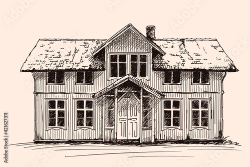 Hand sketch on a beige background. Abandoned old rustic wooden house.