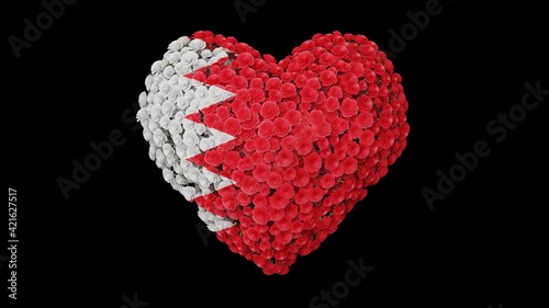 Bahrain National Day. Independence Day. Heart shape made out of flowers on black background. 3D rendering.