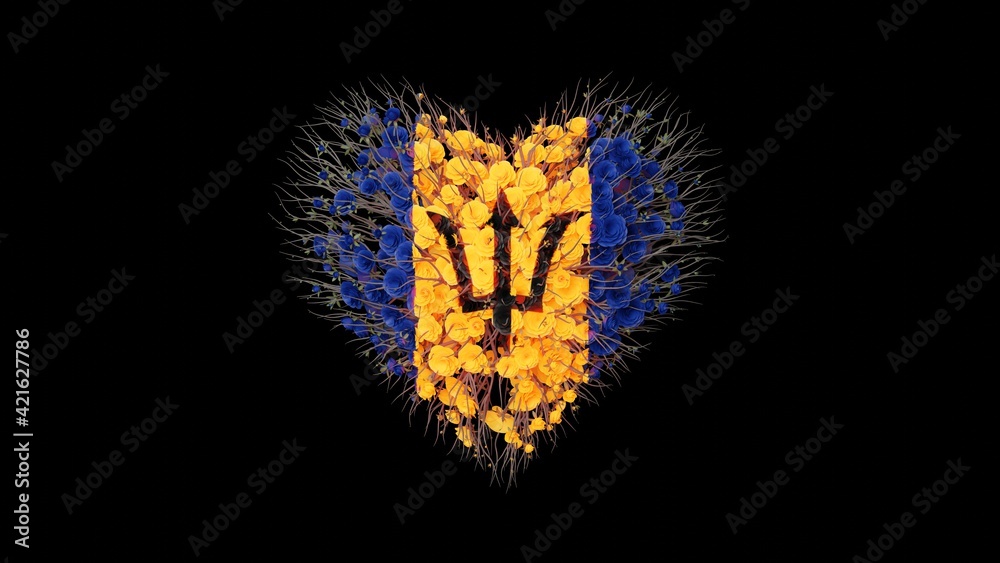 Barbados National Day. Independence Day. Heart shape made out of flowers on black background. 3D rendering.