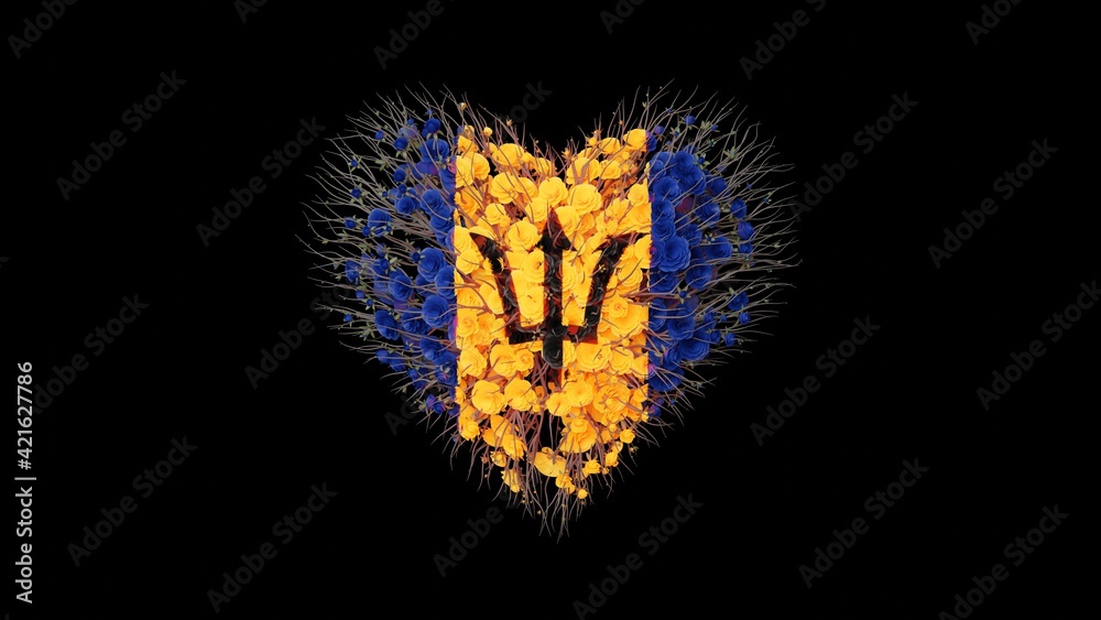 Barbados National Day. Independence Day. Heart shape made out of flowers on black background. 3D rendering. Barbados National Day. Independence Day. Heart shape made out of flowers on black background. 3D rendering.