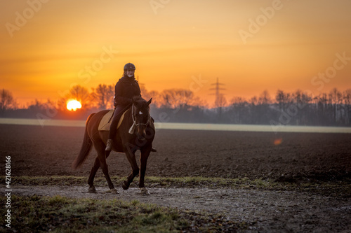 Reiterin mit Pferd im Sonnenaufgang © Nadine Haase