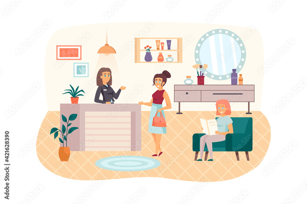 Women visiting Beauty Salon scene. Female client makes appointment with beautician or hairdresser at reception. Cosmetology procedures concept. Vector illustration of people characters in flat design