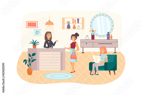 Women visiting Beauty Salon scene. Female client makes appointment with beautician or hairdresser at reception. Cosmetology procedures concept. Vector illustration of people characters in flat design