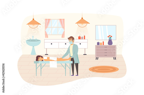 Woman visiting Beauty Salon scene. Female client getting massage. Professional masseur doing caring procedures. Cosmetology, skin care concept. Vector illustration of people characters in flat design