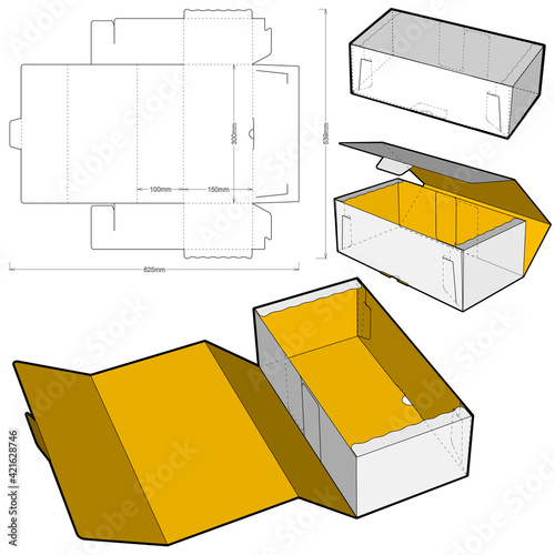 Self-assembling Folding Box. Ease of assembly, no need for glue (Internal measurement 30x15x10cm). The .eps file is full scale and fully functional. Prepared for real cardboard production.