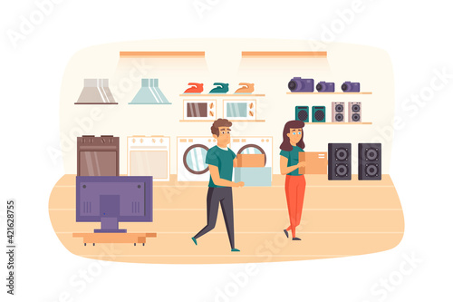 Couple shopping in household appliances store scene. Man and woman buy home electronics. Purchases of domestic equipment, retail sales concept. Vector illustration of people characters in flat design