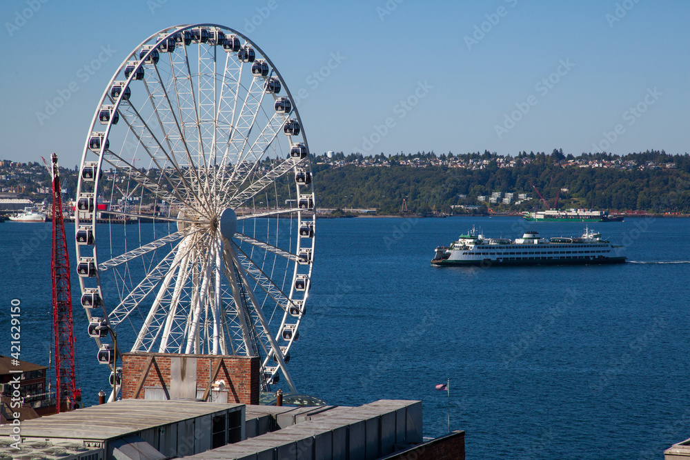 Great Wheel ferris wheel icon on Elliott Bay in Seattle, Washington State.