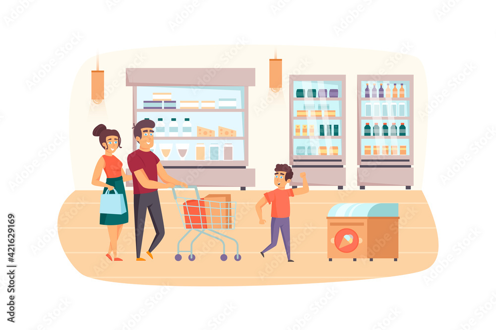 Family shopping in supermarket together scene. Mother, father and son buy food at grocery store. Parent and children, daily routine concept. Vector illustration of people characters in flat design