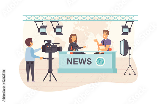 Filming television news program scene. Man and woman presenters at tv show, cameraman recording video. Journalism, mass media and press concept. Vector illustration of people characters in flat design